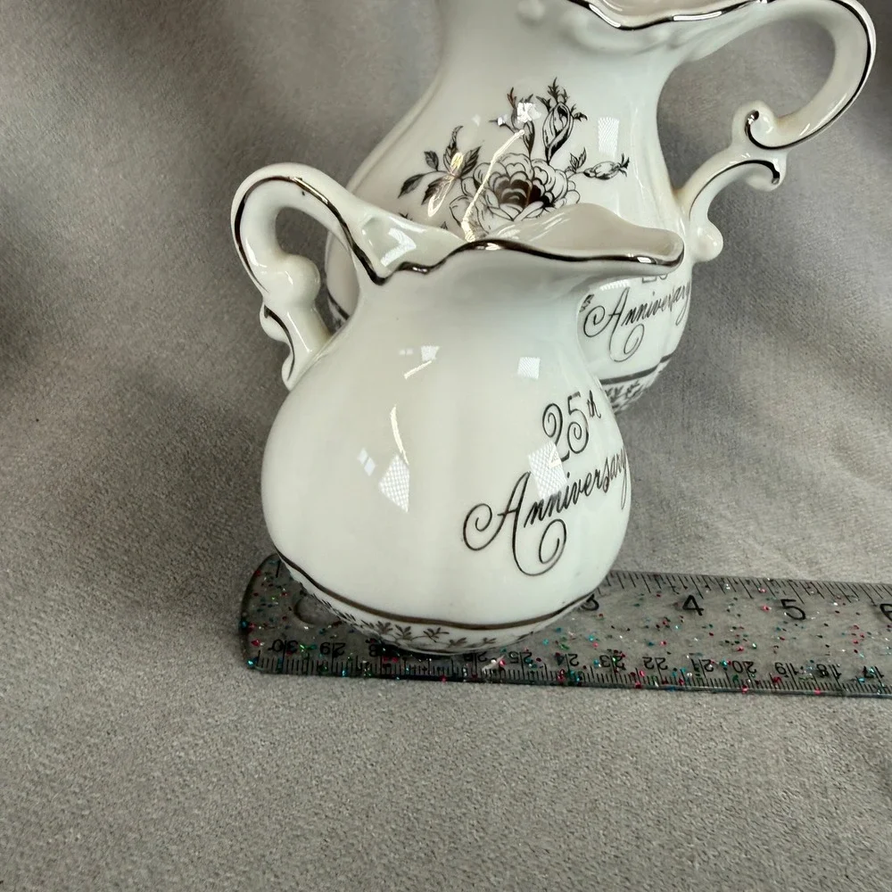 Napco 25th Anniversary Pitcher Set Unisex Small White Silver Vintage Rose AB-185